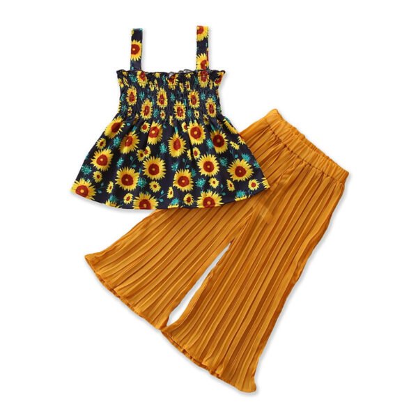 Shell.love| 2-7Y Girls Sleeveless Sunflower Loose Pants 2PCS Children Clothes Set, Yellow, Kids