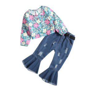 Shell.love| Girls 18M-6Y Autumn Flower Print Top Ripped Flared Trousers Children Suit, Blue, Kids