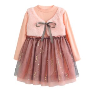 Shell.love| 3-7Y Vest Mesh Stitching Long Sleeve Lace Bow Sequin Girls Princess Dress, Pink, Kids