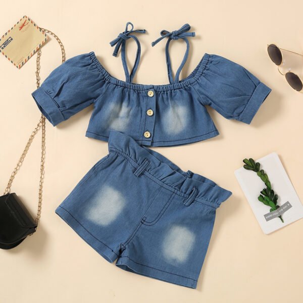 Shell.love| 1-6Y Summer Clothes Set Kids Off Shoulder Shirt Shorts 2pcs Outfit Girls Denim Clothes Set, Blue, Kids