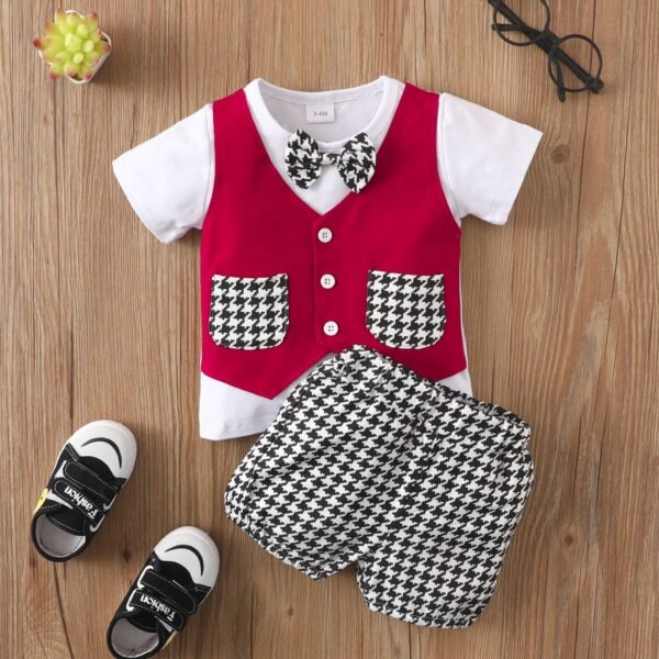 Shell.love| 2022 Summer Boys Knitting Single Breasted Short Sleeve Pocket Bow Top Plaid Shorts 2pcs Baby Gentleman Clothes, Red, Baby