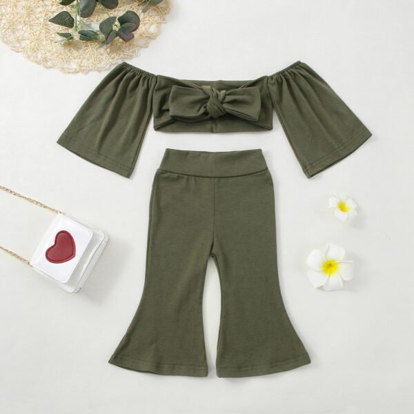 Shell.love| 1-5Y Off Shoulder Bow Bell Bottoms Trouser 2PCS Baby Girls Clothing, Green, Kids