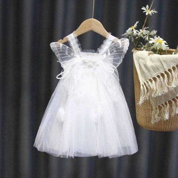 Shell.love| 1-7Y Girls Summer Sleeveless Gauze Solid Princess Fairy Birthday Lace Wings Bubble Dress, White, Kids