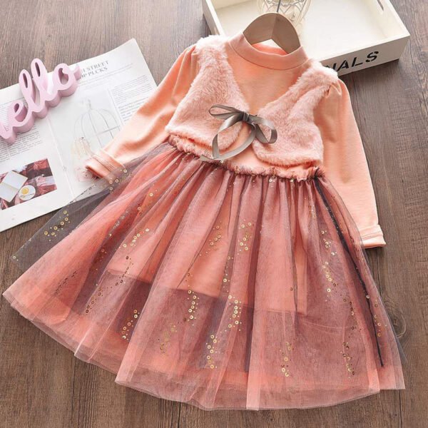 Shell.love| 3-7Y Vest Mesh Stitching Long Sleeve Lace Bow Sequin Girls Princess Dress, Pink, Kids