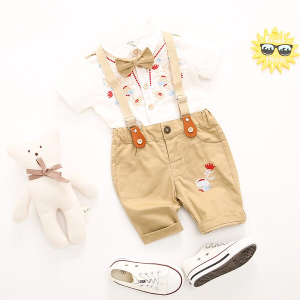 Shell.love| 2022 Summer Short Sleeve Solid Bow Tie Embroidered Flower Shirt Suspender Shorts Trouser Boys Clothing Suit, Yellow, Kids