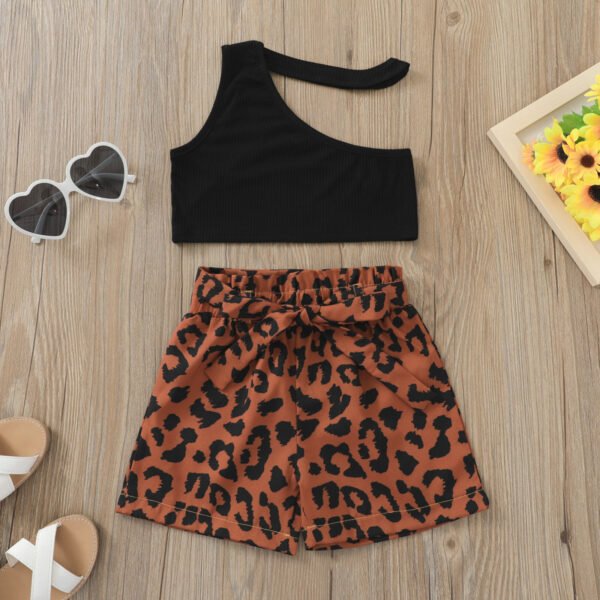 Shell.love| 2-6Y Black One Shoulder Pullover Leopard Print Shorts 2PCS Girls Clothing, Black Brown, Kids