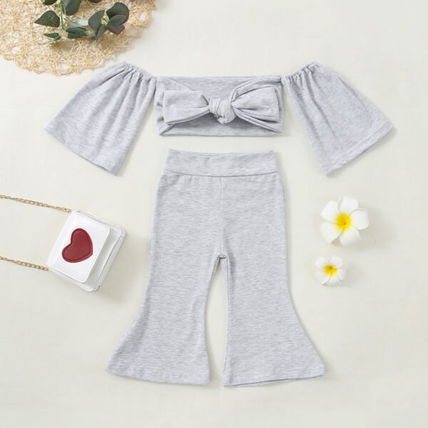 Shell.love| 1-5Y Off Shoulder Bow Bell Bottoms Trouser 2PCS Baby Girls Clothing, Gray, Kids
