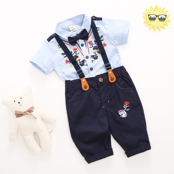 Shell.love| 2022 Summer Short Sleeve Solid Bow Tie Embroidered Flower Shirt Suspender Shorts Trouser Boys Clothing Suit, Blue, Kids