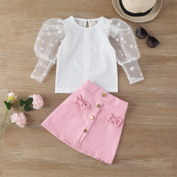 Shell.love| 2022 New Girls Pure Dot Mesh Puff Sleeve White Top Pink Button Bow A-line Leather Skirt 2PCS Children Outfits, White Pink, Kids