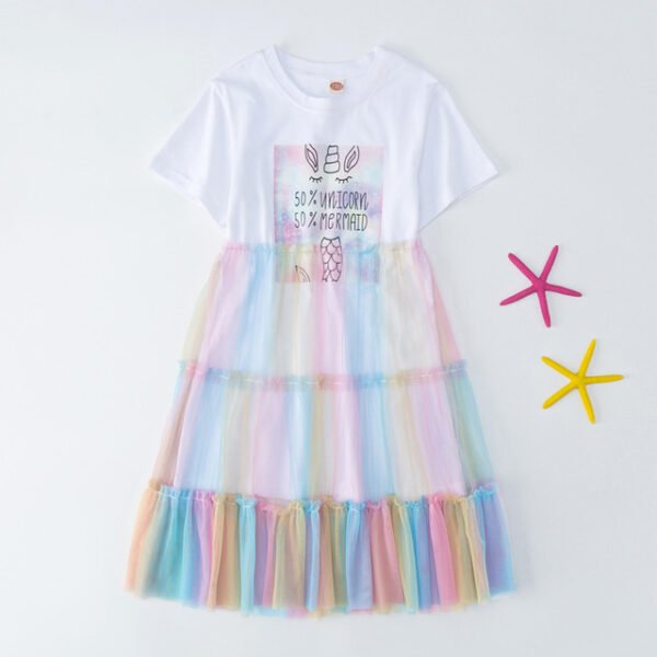 Shell.love| 4-12Y Summer New 2022 Short Sleeve Lace Rainbow Mesh Gauze Letter Cartoon Printed Girls Dress, White, Kids