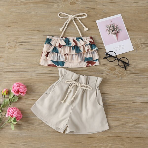 Shell.love| 2022 Summer Multi Layer Lotus Lace Suspender Printed Top Pure Bow High Collect Waist Shorts 2pcs Kids Clothing, Beige, Kids