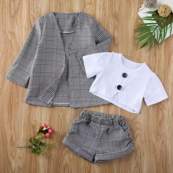 Shell.love| 1-6Y White T-shirt Gray Plaid Jacket Shorts Suit 3PCS Girls Children Clothing, Gray, Kids