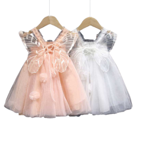 Shell.love| 1-7Y Girls Summer Sleeveless Gauze Solid Princess Fairy Birthday Lace Wings Bubble Dress, Pink White, Kids