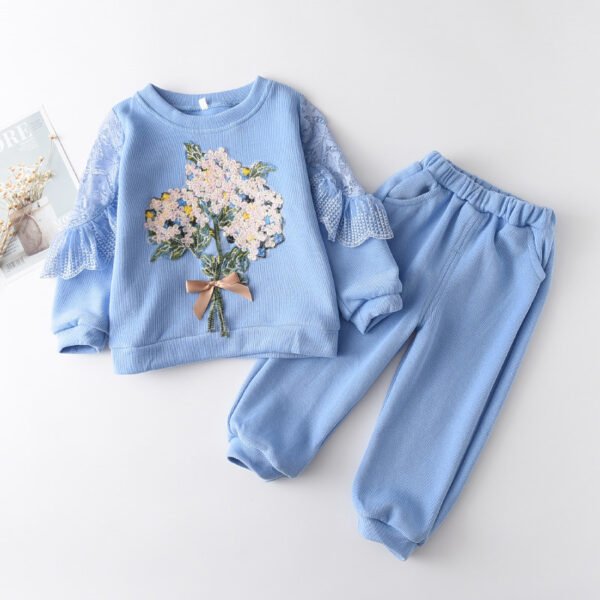 Shell.love| 3-48M Girls Spring Autumn Children Embroidered Flower 2PCS Baby Clothing Set, Blue, Baby