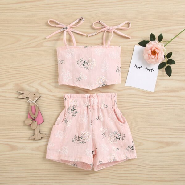 Shell.love| Summer 2022 Sleeveless Flower Printing Multicolored Leaf Strap Blouse High Waist Shorts 2 Pieces Set Girls Clothing, Pink, Kids