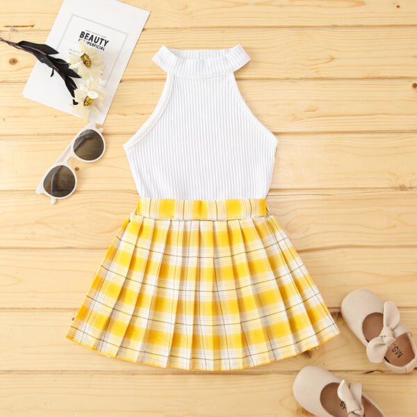 Shell.love| Summer Kids Baby Girl Clothes Solid Color Ribbed Sleeveless Tops and Plaid Printed Mini Pleated Skirt Set Outfit, Yellow, Kids