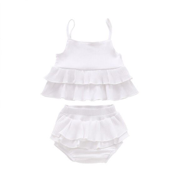 Shell.love| Infants 2022 Children Wear Girl Sleeveless Pure Color Pit Stripe Vest Lace Pants Shorts Two Pieces Baby Clothing Set, White, Baby