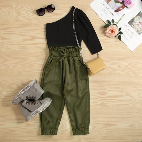 Shell.love| 2pcs Fashion Autumn Kids Girls Clothes Sets Long Sleeve One Shoulder Solid Tops Elastic Pants Outfits 2-7Y, Green, Kids