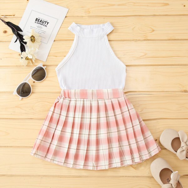 Shell.love| Summer Kids Baby Girl Clothes Solid Color Ribbed Sleeveless Tops and Plaid Printed Mini Pleated Skirt Set Outfit, Pink, Kids
