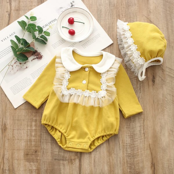 Shell.love| 2022 New Spring Long Sleeve Solid Color Lace Baby Triangle Cotton Mesh Jumpsuit Long Sleeve Hat Set Newborn Girls Romper, Yellow, Baby