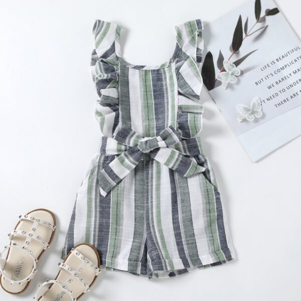 Shell.love| 2022 Summer Fashion Sleeveless Belt Bow Shorts Jumpsuit Striped Pullover Romper Flare Sleeve Kids Bodysuits Clothing, Green, Kids