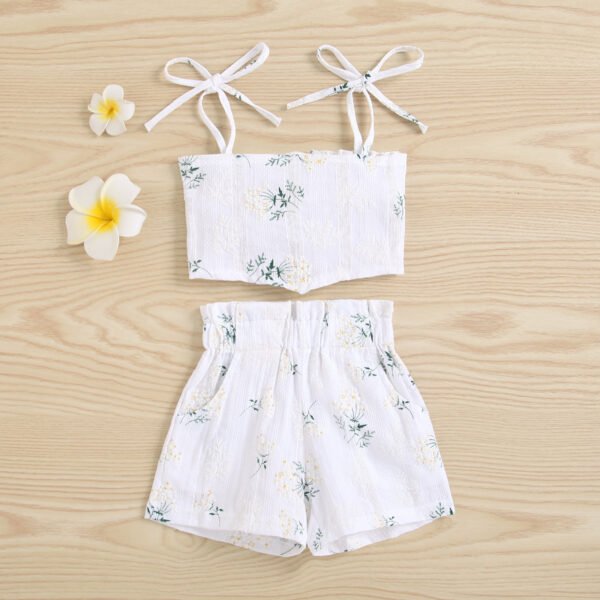 Shell.love| Summer 2022 Sleeveless Flower Printing Multicolored Leaf Strap Blouse High Waist Shorts 2 Pieces Set Girls Clothing, White, Kids
