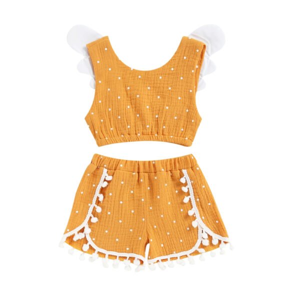 Shell.love| Summer 2022 Girls Cotton Sleeveless Wings Polka Dot Vest Solid Tassel Shorts 2PCS Set Newborn Baby Clothing, Yellow, Baby