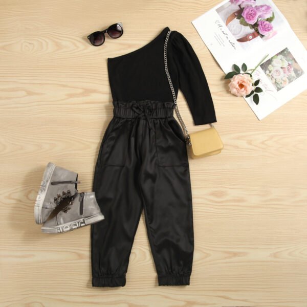 Shell.love| 2pcs Fashion Autumn Kids Girls Clothes Sets Long Sleeve One Shoulder Solid Tops Elastic Pants Outfits 2-7Y, Black, Kids