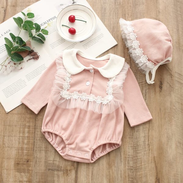 Shell.love| 2022 New Spring Long Sleeve Solid Color Lace Baby Triangle Cotton Mesh Jumpsuit Long Sleeve Hat Set Newborn Girls Romper, Pink, Baby