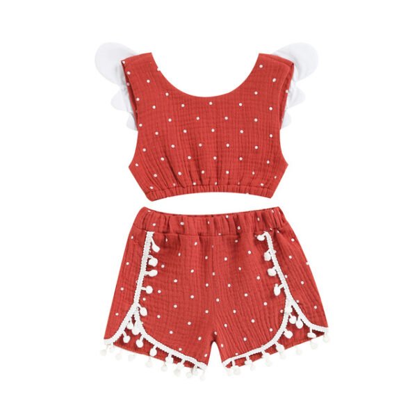 Shell.love| Summer 2022 Girls Cotton Sleeveless Wings Polka Dot Vest Solid Tassel Shorts 2PCS Set Newborn Baby Clothing, Red, Baby