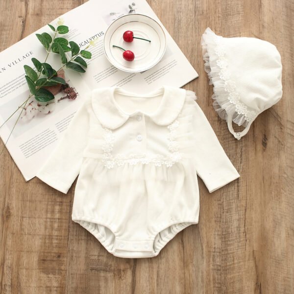 Shell.love| 2022 New Spring Long Sleeve Solid Color Lace Baby Triangle Cotton Mesh Jumpsuit Long Sleeve Hat Set Newborn Girls Romper, White, Baby