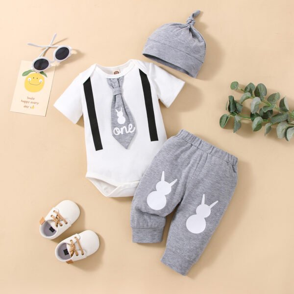 Shell.love| 2022 Newborn Summer Short Sleeve Tie Letter Romper Solid Cartoon Little Tail Pants Hat Three Pieces Set Baby Clothing Outfits, Gray, Baby