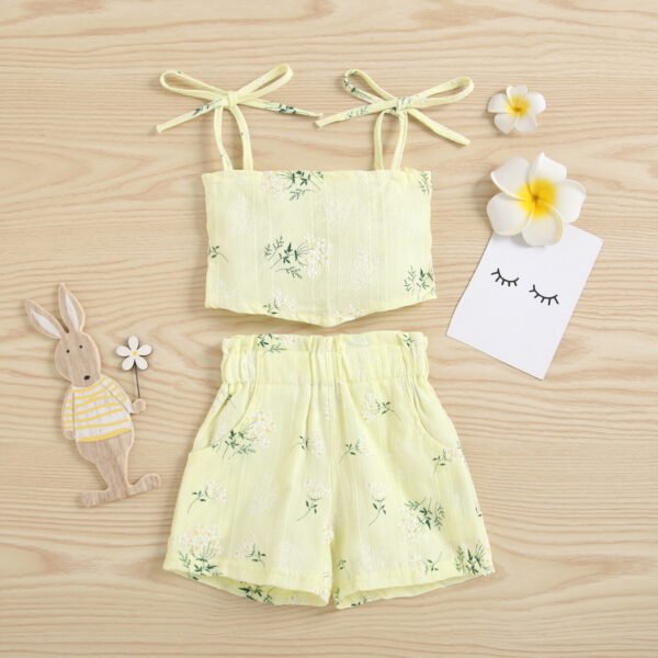 Shell.love| Summer 2022 Sleeveless Flower Printing Multicolored Leaf Strap Blouse High Waist Shorts 2 Pieces Set Girls Clothing, Yellow, Kids