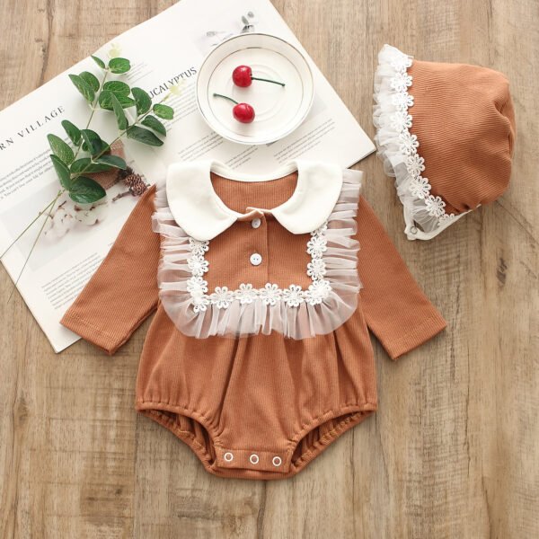 Shell.love| 2022 New Spring Long Sleeve Solid Color Lace Baby Triangle Cotton Mesh Jumpsuit Long Sleeve Hat Set Newborn Girls Romper, Brown, Baby