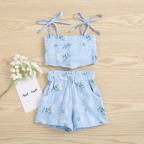 Shell.love| Summer 2022 Sleeveless Flower Printing Multicolored Leaf Strap Blouse High Waist Shorts 2 Pieces Set Girls Clothing, Blue, Kids