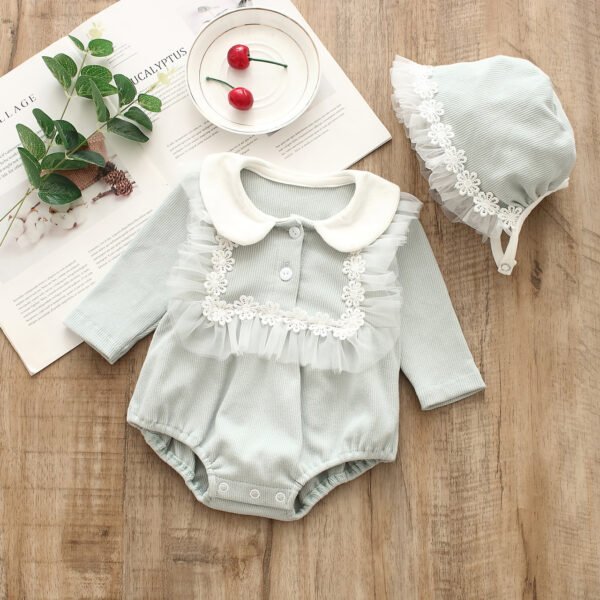 Shell.love| 2022 New Spring Long Sleeve Solid Color Lace Baby Triangle Cotton Mesh Jumpsuit Long Sleeve Hat Set Newborn Girls Romper, Green, Baby
