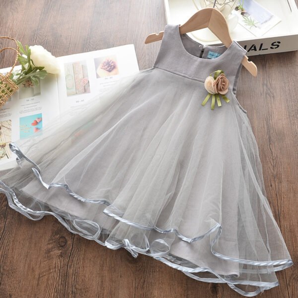 Shell.love| 2022 Summer Fashion New Sleeveless Girls Gauze Skirt Vest Corsage Solid Color Flower Lace Dress Kids Cute Frock, Gray, Kids