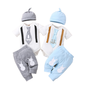 Shell.love| 2022 Newborn Summer Short Sleeve Tie Letter Romper Solid Cartoon Little Tail Pants Hat Three Pieces Set Baby Clothing Outfits, White, Baby