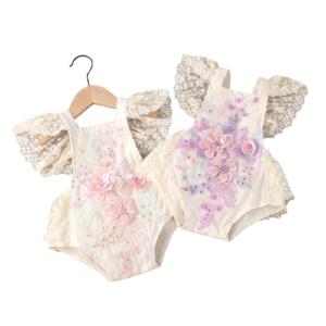 Shell.love| Embroidery Bead New Born Baby Girls Jumpsuit, Beige, Baby