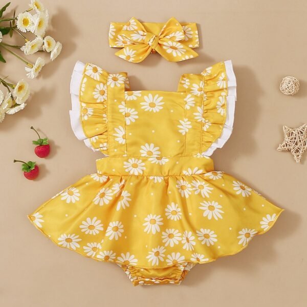 Shell.love| Floral Summer Short Sleeve Baby Girl Jumpsuit, Yellow, Baby