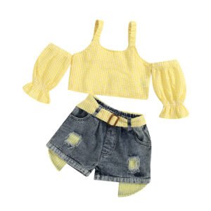 shell.love solid one shoulder denim shorts outfit set kids (1)