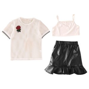 shell.love flower embroidery solid top pu skirt girls clothing kids (1)