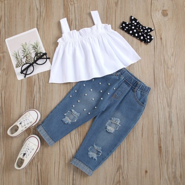 shell.love lace bead ripped jeans girls clothes set kids (2)