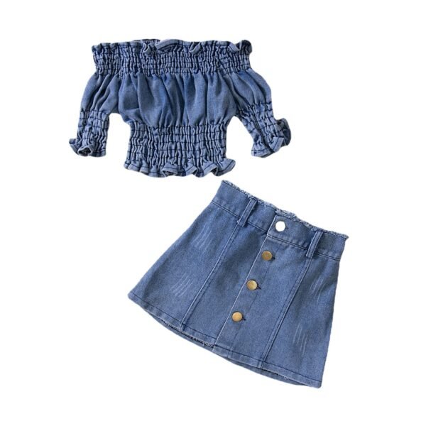 shell.love off shoulder ruffles girls summer denim outfits kids (1)