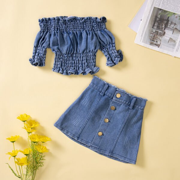 shell.love off shoulder ruffles girls summer denim outfits kids (2)