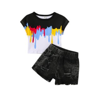 shell.love patchwork printed t shirt ripped denim shorts boys suit kids (1)