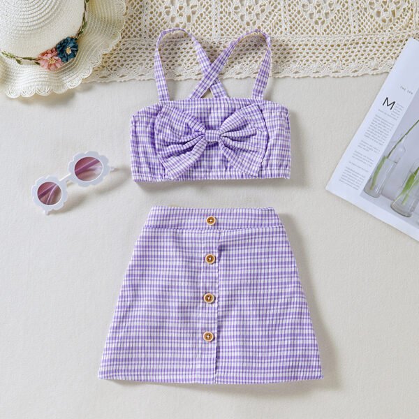 shell.love plaid bow button skirt girls clothes set kids (2)