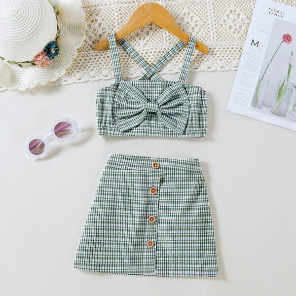 shell.love plaid bow button skirt girls clothes set kids (3)