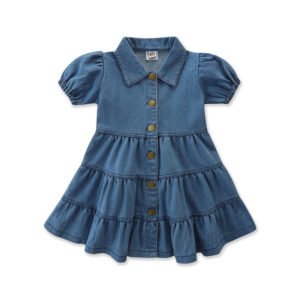 shell.love puff sleeve single breasted denim girls dress kids (1)