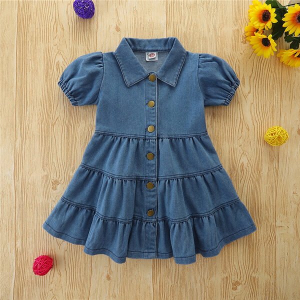 shell.love puff sleeve single breasted denim girls dress kids (2)